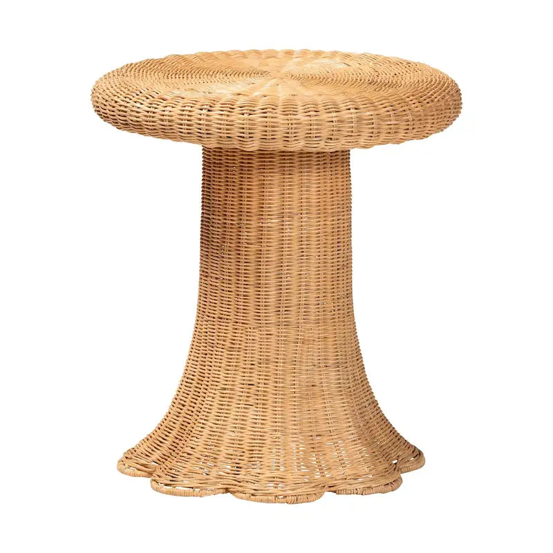 Table d'appoint Avalon en rotin naturel - Table en osier tressé à la main avec base à jupe, style côtier pour salon ou couloir