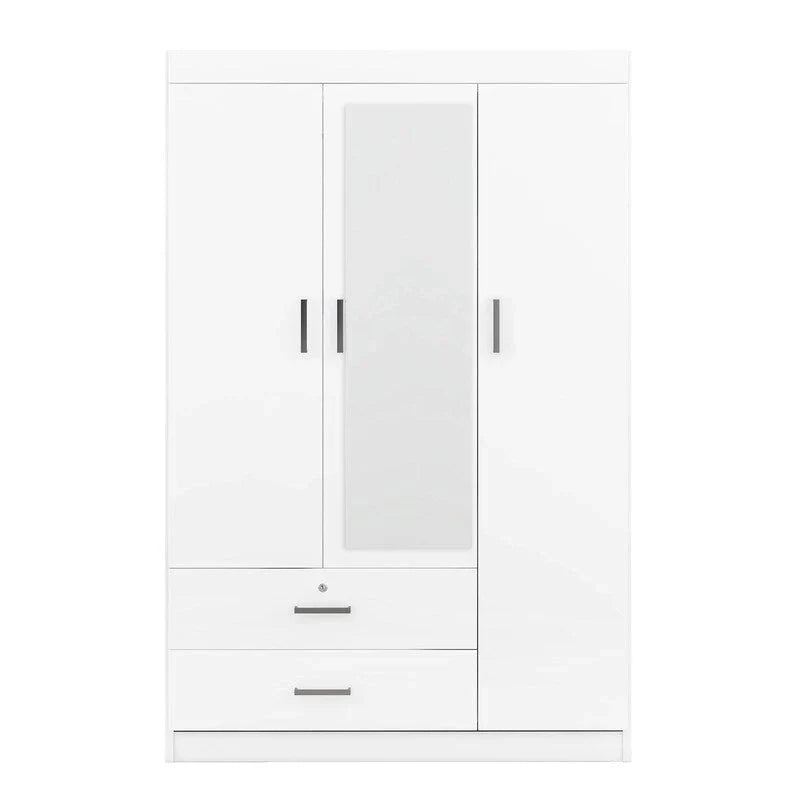 Armoire penderie 3 portes avec miroirs, étagères et 2 tiroirs