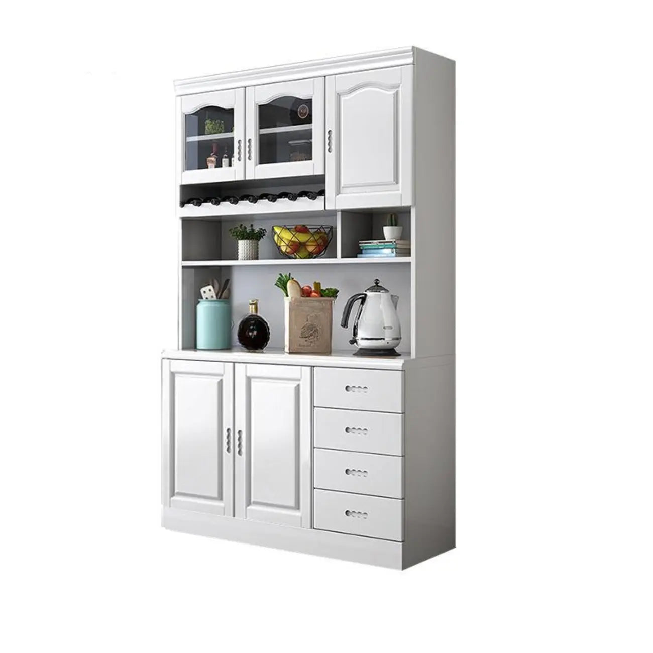 Buffet de cuisine en bois blanc avec casier à vin intégré