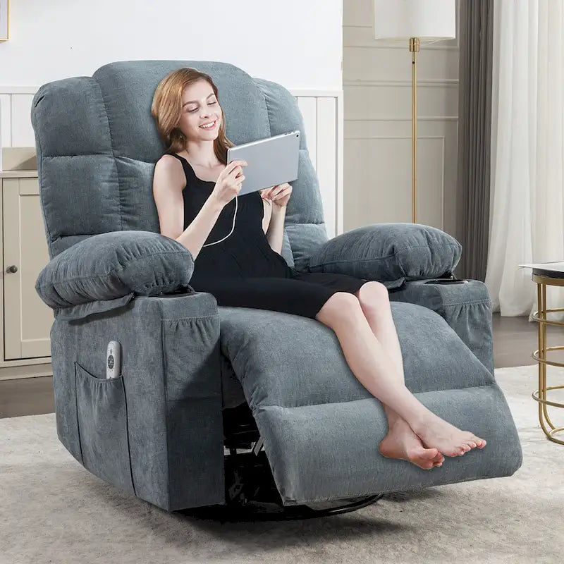 Fauteuil inclinable gris surdimensionné avec fonctions de chauffage et de massage, inclinaison à 150°, bascule à 30°, port USB pour la recharge et 2 porte-gobelets