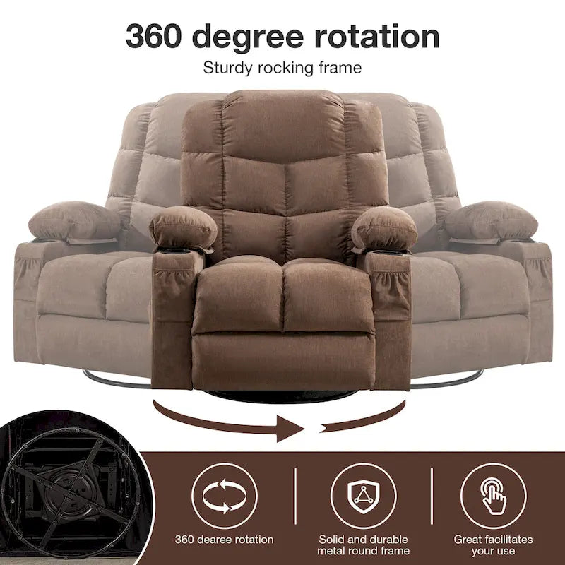 Fauteuil inclinable gris surdimensionné avec fonctions de chauffage et de massage, inclinaison à 150°, bascule à 30°, port USB pour la recharge et 2 porte-gobelets