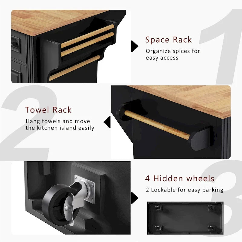 54 Grand îlot de cuisine avec plateau rabattable en bois d'hévéa, chariot de cuisine roulant à texture gaufrée sur 4 roues avec 4 portes et 3 tiroirs