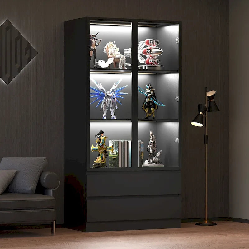 Vitrine de rangement, vitrine avec portes en verre trempé, vitrine avec 4 étagères de rangement
