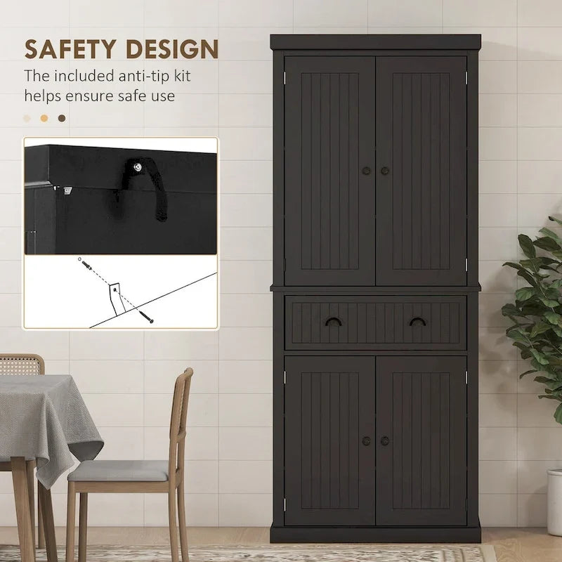 Meuble de rangement de cuisine autoportant traditionnel de 72 pouces avec 4 portes et 3 étagères réglables, grand tiroir central