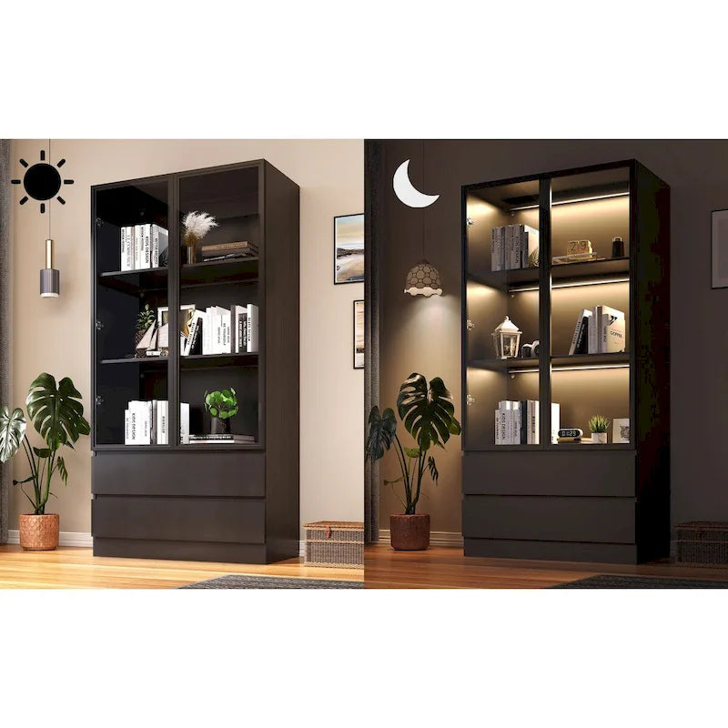Vitrine de rangement, vitrine avec portes en verre trempé, vitrine avec 4 étagères de rangement