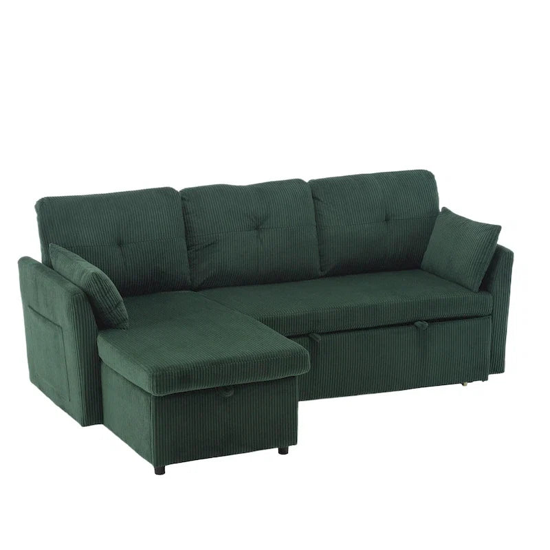 Canapé d'angle réversible en velours côtelé/chenille avec chaise longue de rangement et poche latérale