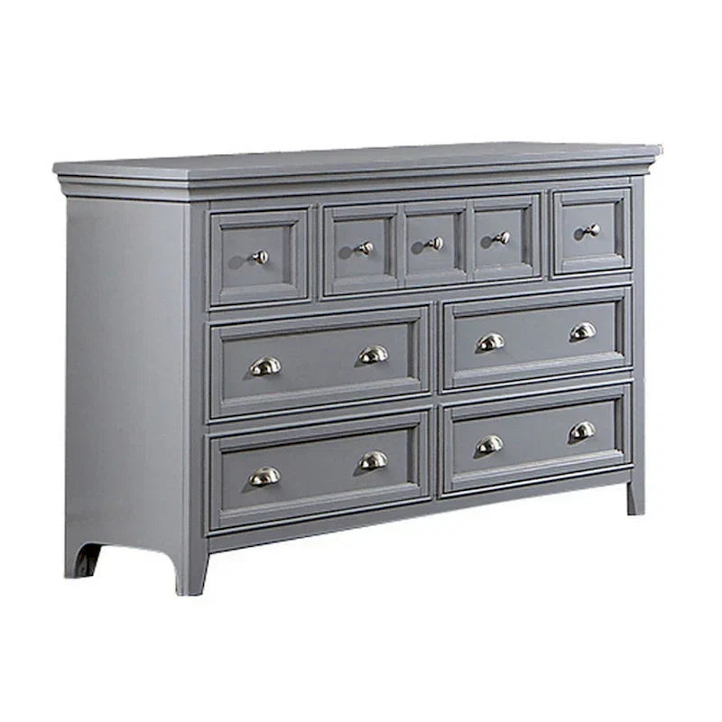 Commode Cile de 56 pouces, 7 tiroirs coulissants, bois gris, poignées rondes nickelées