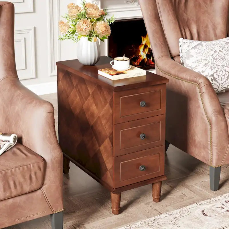 Table d'appoint étroite entièrement assemblée, table d'appoint en bois massif avec 3 tiroirs, table de chevet vintage mince pour petits espaces
