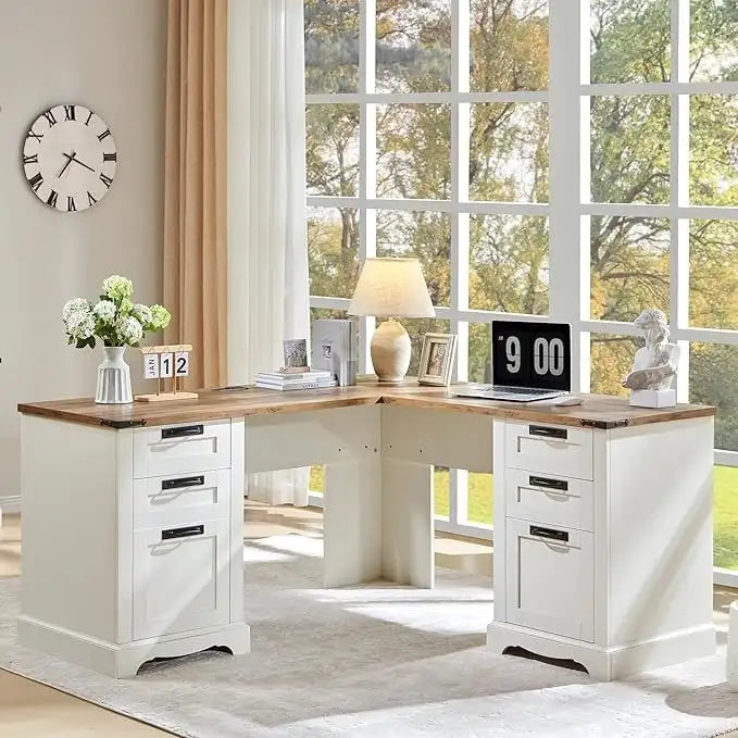 Bureau d'angle exécutif en forme de L 60 Farmhouse, bureau d'angle en bois, bureau d'ordinateur