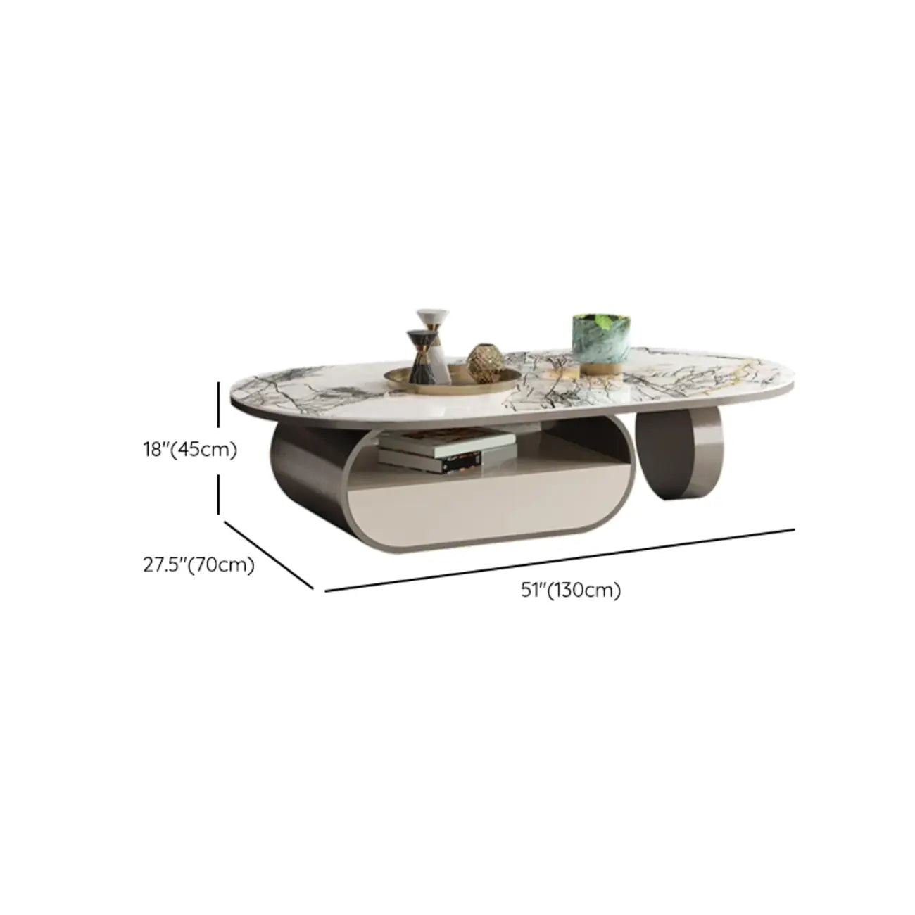 Table basse ovale contemporaine unique avec plateau en marbre et tiroir