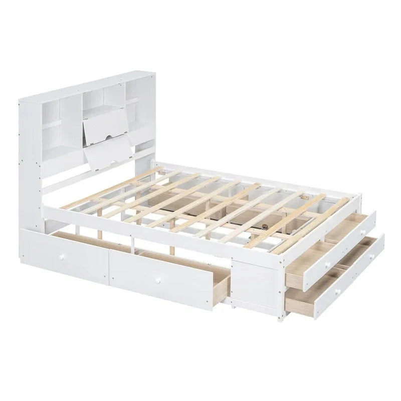 Lit plateforme King Size avec tête de lit de rangement et 8 tiroirs