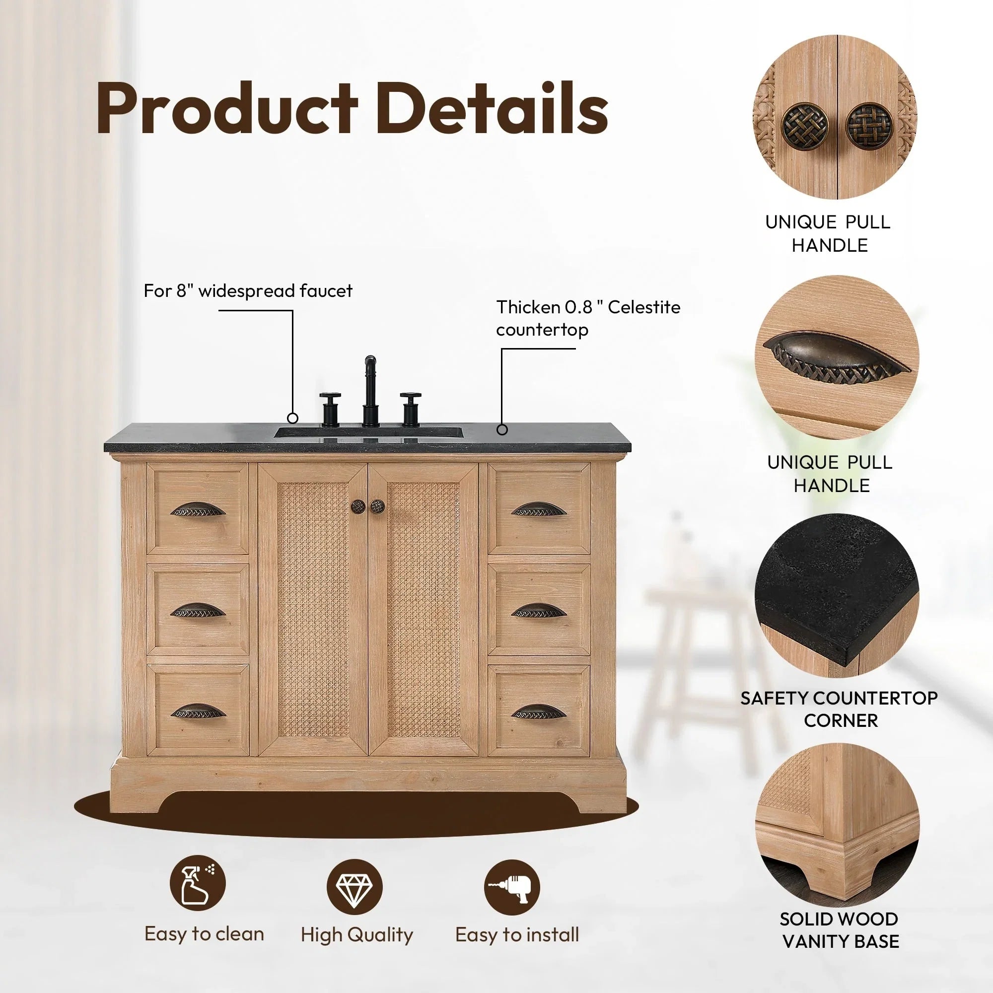 Meuble sous-vasque Hervas avec plateau en marbre naturel, sans miroir