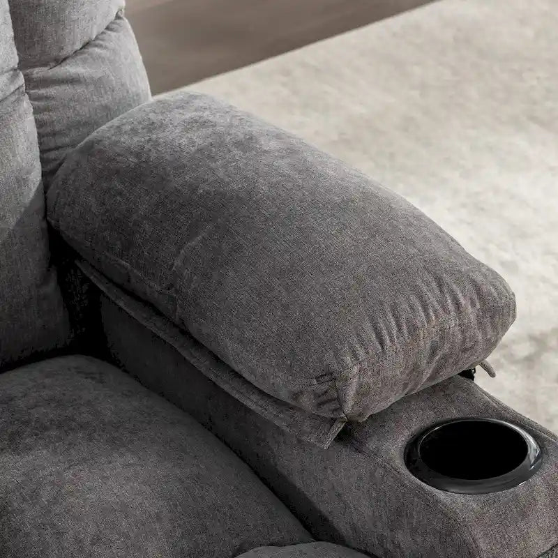 Fauteuil inclinable gris surdimensionné avec fonctions de chauffage et de massage, inclinaison à 150°, bascule à 30°, port USB pour la recharge et 2 porte-gobelets