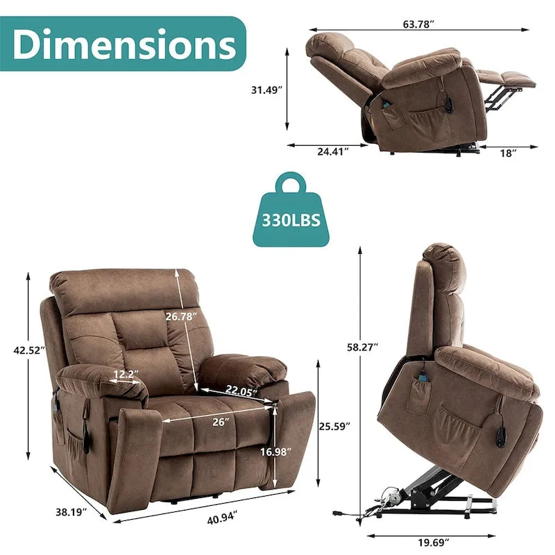 Grand fauteuil inclinable de massage électrique avec fonction de levage, chauffage et porte-gobelet dissimulé