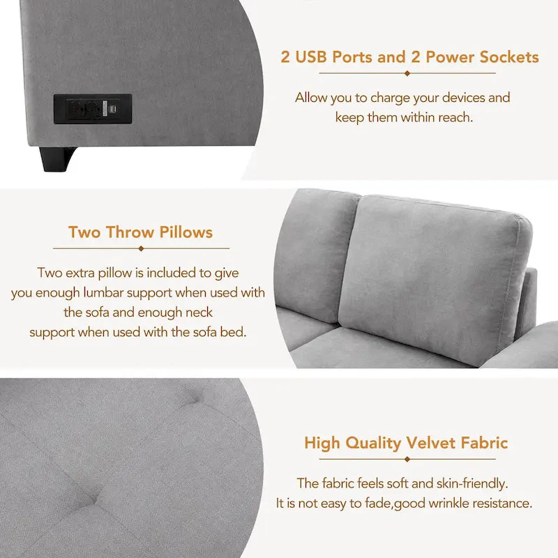 Canapé d'angle convertible 5 places en L 84,75 po avec pouf de rangement, rangement de bras dissimulé et chargement USB pour salon