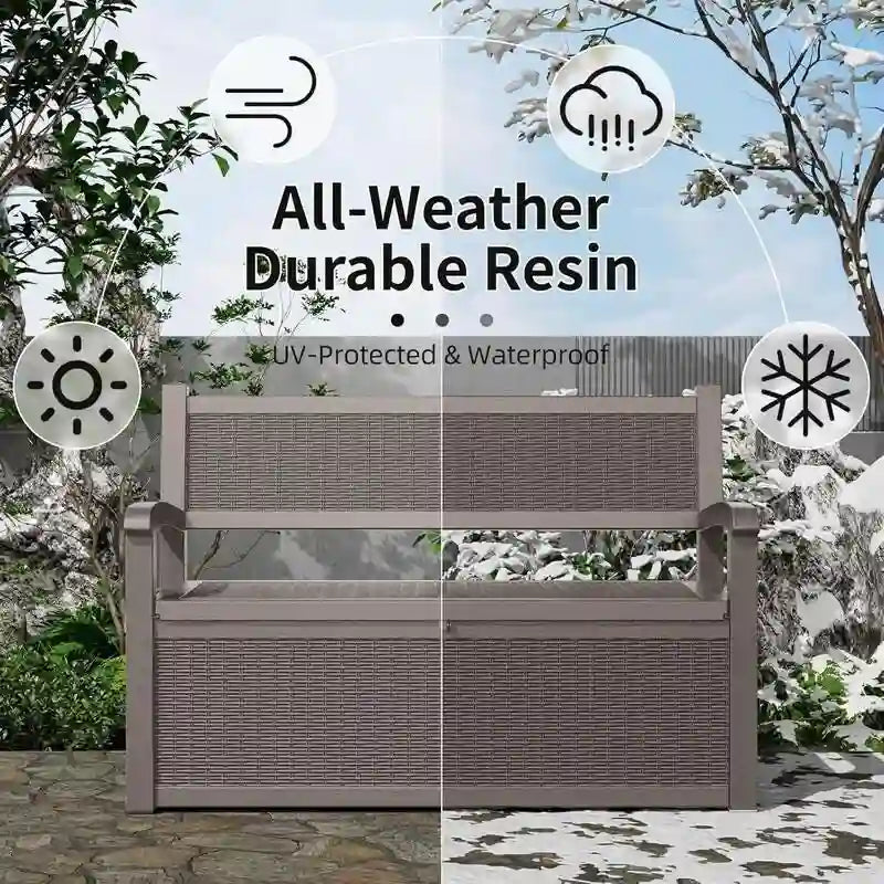 Banc de rangement en résine tout temps avec compartiment caché verrouillable - Aspect rotin, capacité de 227 kg, rangement de 265 litres