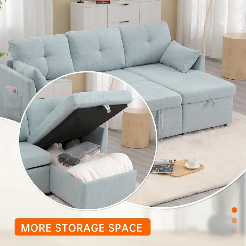 Canapé d'angle réversible en velours côtelé/chenille avec chaise longue de rangement et poche latérale
