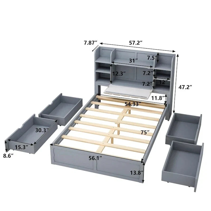Cadre de lit avec 4 tiroirs de rangement portables sous le lit