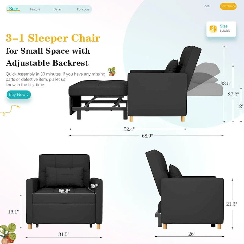 AECOJOY Fauteuil Convertible 3-en-1 avec Oreiller et Dossier Réglable