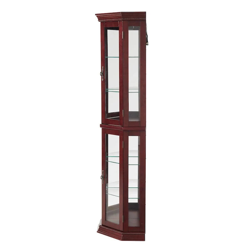 Vitrine d'angle avec éclairage, étagères réglables en verre trempé, fond miroir, meuble vitrine
