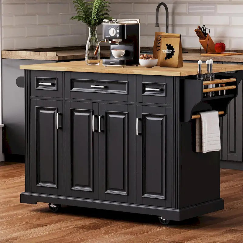 54 Grand îlot de cuisine avec plateau rabattable en bois d'hévéa, chariot de cuisine roulant à texture gaufrée sur 4 roues avec 4 portes et 3 tiroirs