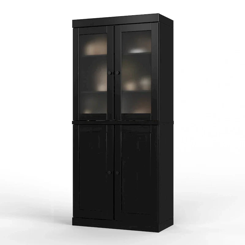 Meuble de rangement en bois massif avec portes en verre dépoli, portes pleines, 2 tiroirs et étagères réglables