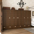 Armoire-penderie marron avec tiroirs, tringle et 4 portes coulissantes