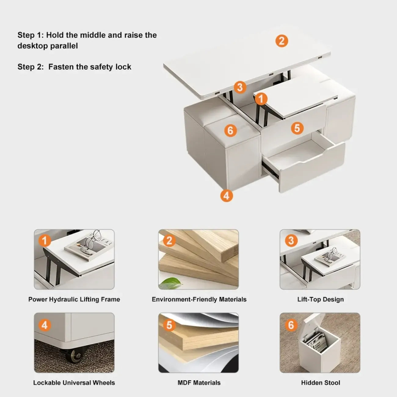 Table basse relevable pliable avec 4 tabourets et rangement