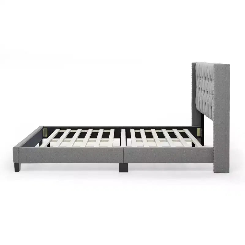 Lit plateforme capitonné à oreilles avec tissu en lin, Grand lit/Très grand lit