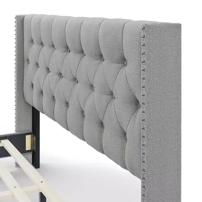 Lit plateforme capitonné à oreilles avec tissu en lin, Grand lit/Très grand lit