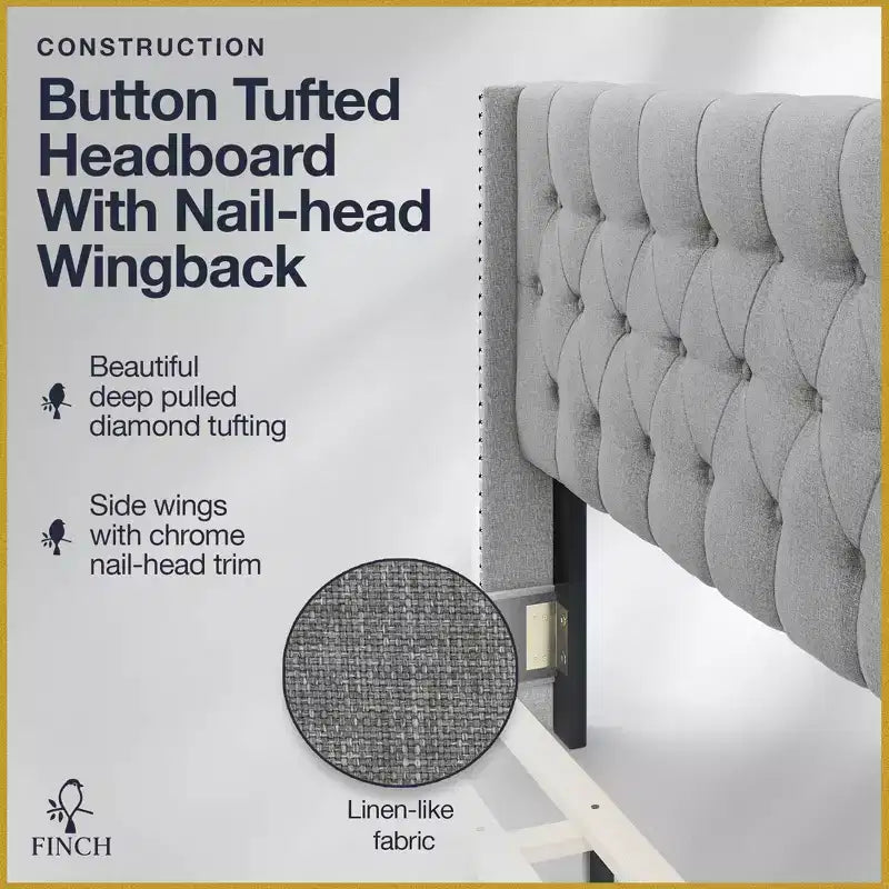 Lit plateforme capitonné à oreilles avec tissu en lin, Grand lit/Très grand lit