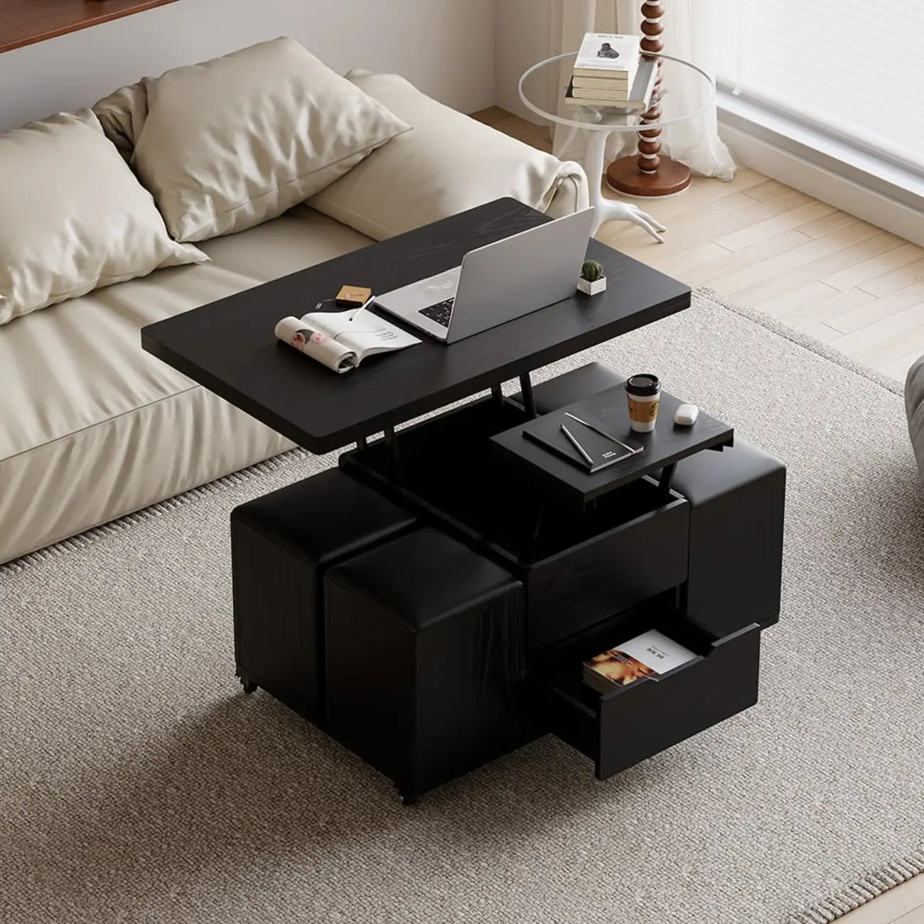 Table basse relevable pliable avec 4 tabourets et rangement