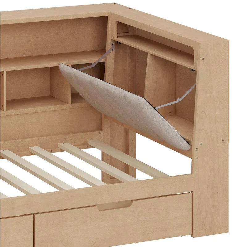 Canapé-lit d'angle en bois en forme de L avec bureau, bibliothèque, lit d'angle avec tiroirs de rangement, tête de lit rembourrée et éclairage intégré