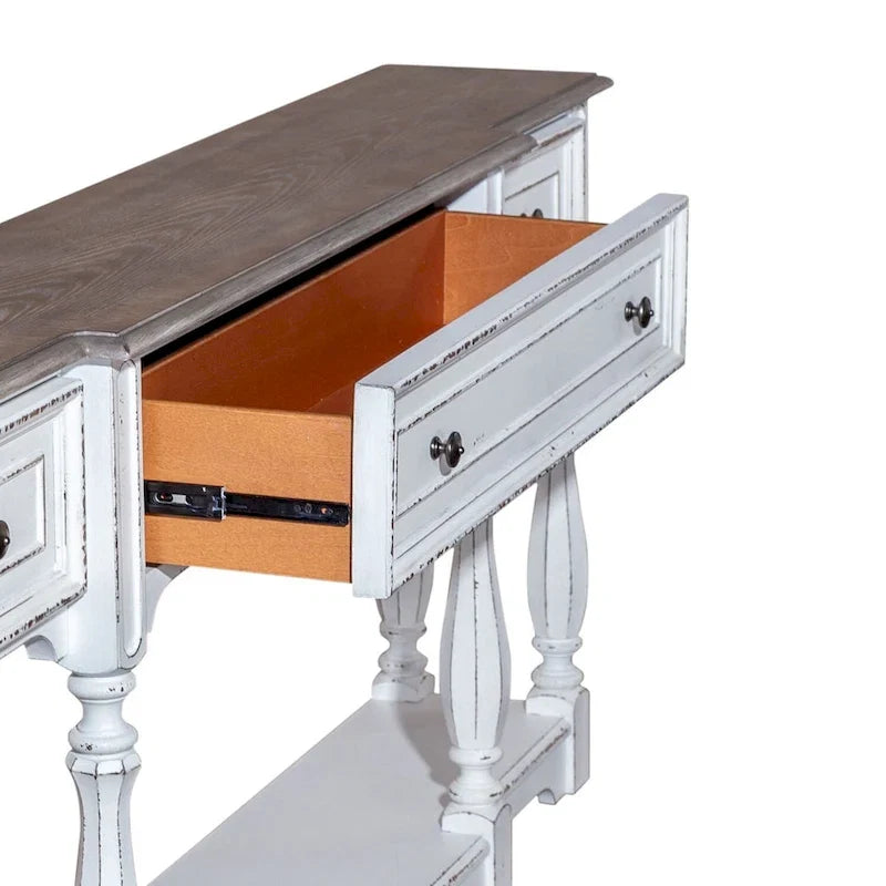 Console de hall 72 po blanc antique et écorce vieillie