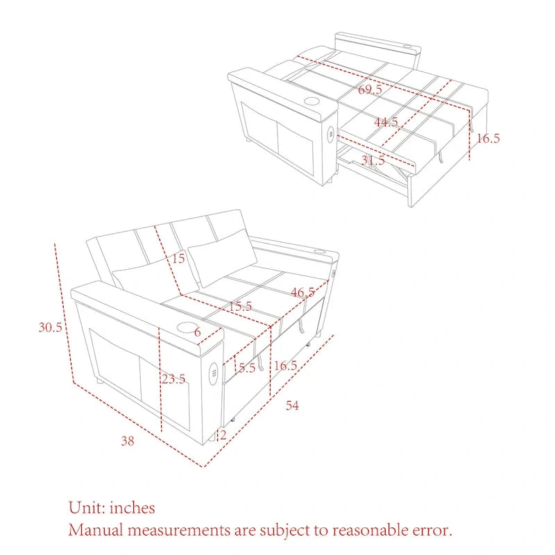 Canapé convertible 54 pouces avec lit gigogne, double assise, fonction relax