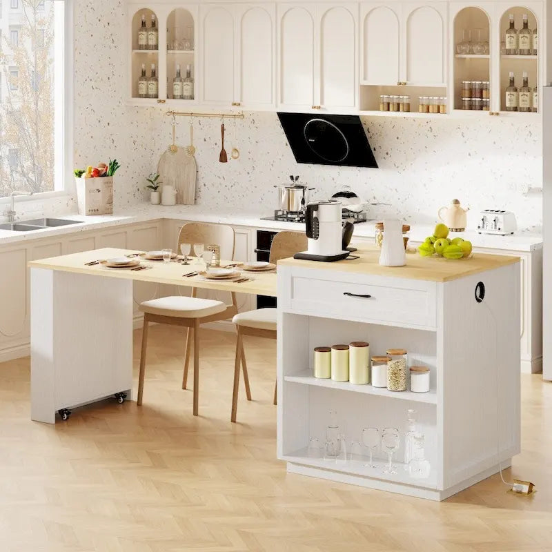 Îlot de cuisine en bois de 210 cm pour 4 à 6 personnes avec table à manger extensible et rangement double.