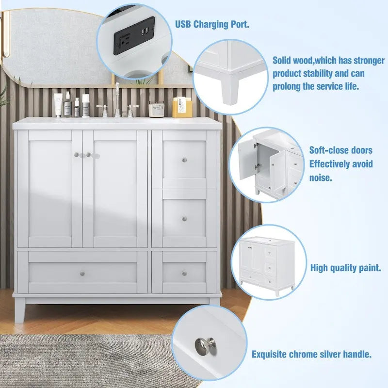Meuble-lavabo de 36 pouces avec chargement USB, évier en résine, cadre en bois massif, 3 tiroirs de rangement