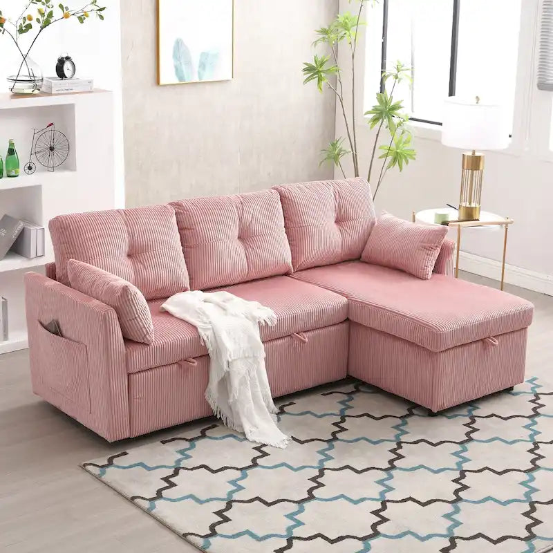Canapé d'angle réversible en velours côtelé/chenille avec chaise longue de rangement et poche latérale