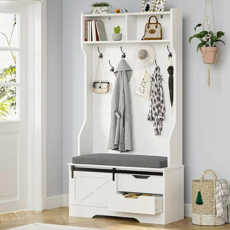 Meuble d'entrée avec banc, rangement à chaussures et patères porte-manteaux, style porte de grange