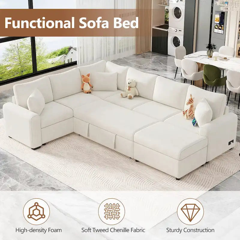 Canapé d'angle en chenille convertible, canapé-lit en forme de L avec pouf de rangement, 3 oreillers et dispositifs de charge