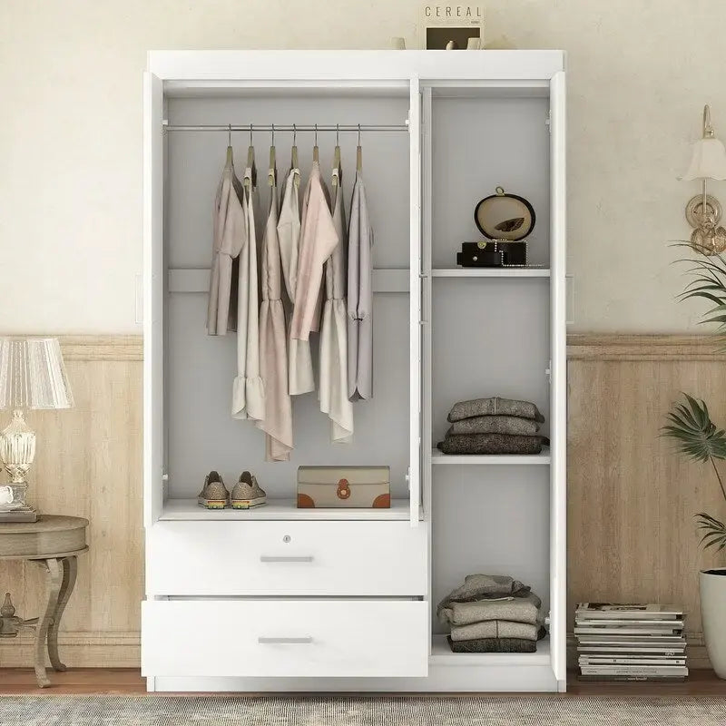 Armoire penderie 3 portes avec miroirs, étagères et 2 tiroirs