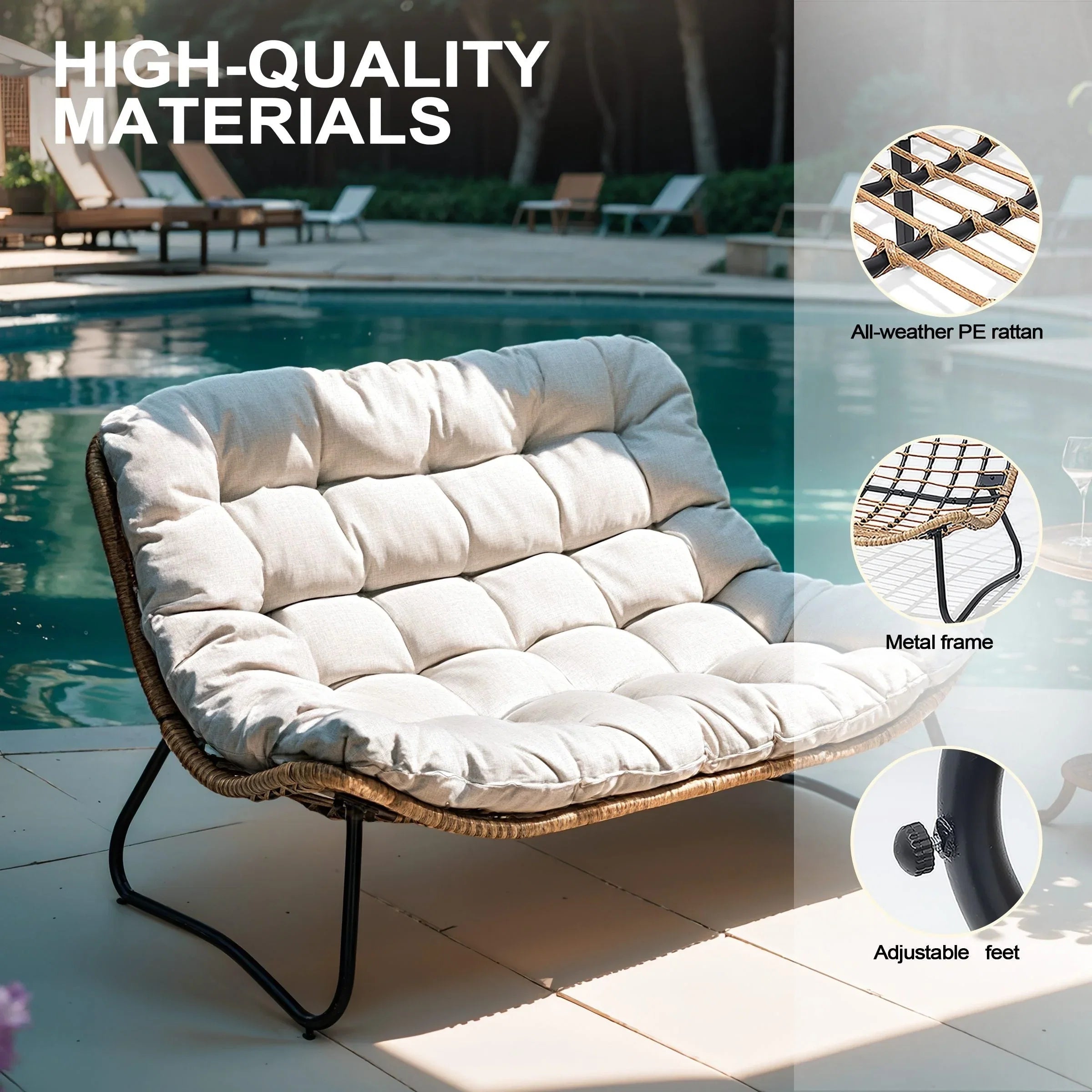 Causeuse double Papasan avec coussin, rotin PE tout temps et cadre en métal pour l'intérieur et l'extérieur