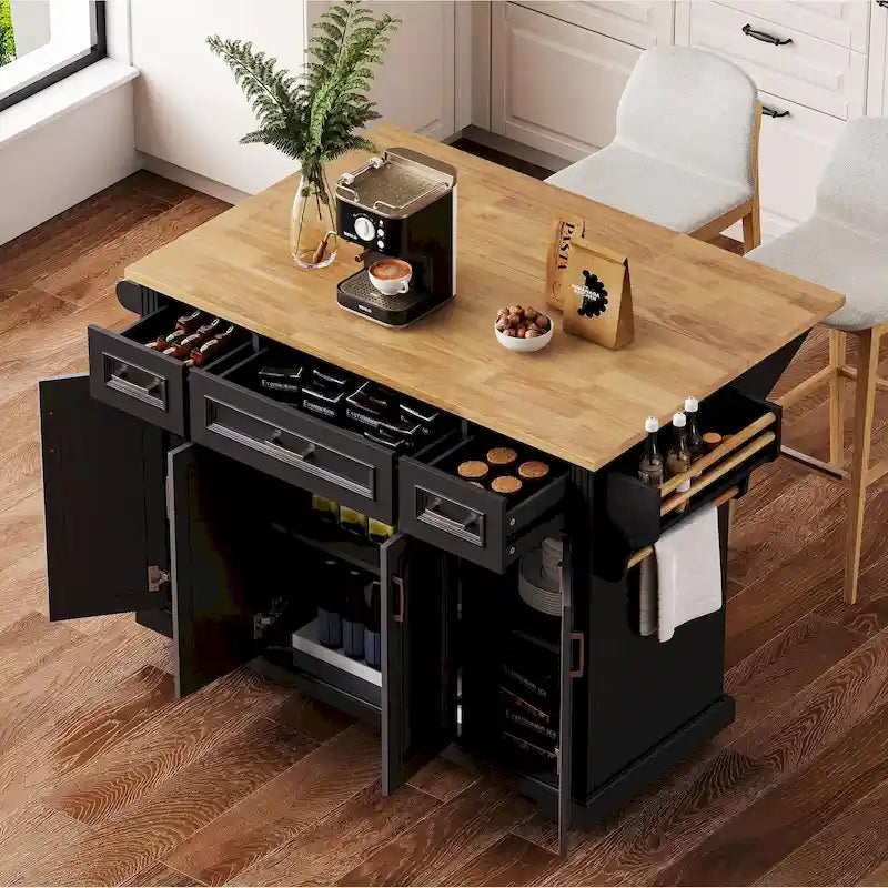54 Grand îlot de cuisine avec plateau rabattable en bois d'hévéa, chariot de cuisine roulant à texture gaufrée sur 4 roues avec 4 portes et 3 tiroirs