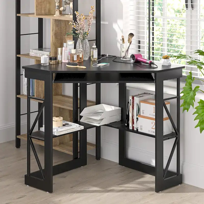 Bureau d'Angle Petit Bureau avec Prises, Table d'Angle pour Petit Espace, Bureau d'Ordinateur avec Ports USB, Bureau Triangle avec Rangement