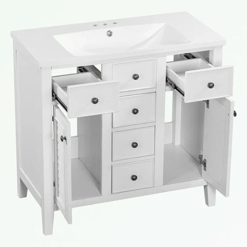 Meuble-lavabo avec vasque en céramique, deux placards et cinq tiroirs