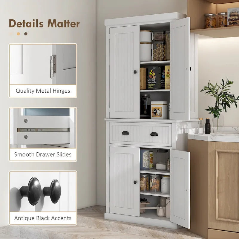 Meuble de rangement de cuisine autoportant traditionnel de 72 pouces avec 4 portes et 3 étagères réglables, grand tiroir central