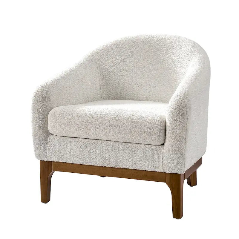 Fauteuil tonneau moderne Augus en bouclette avec pieds en bois massif par HULALA HOME