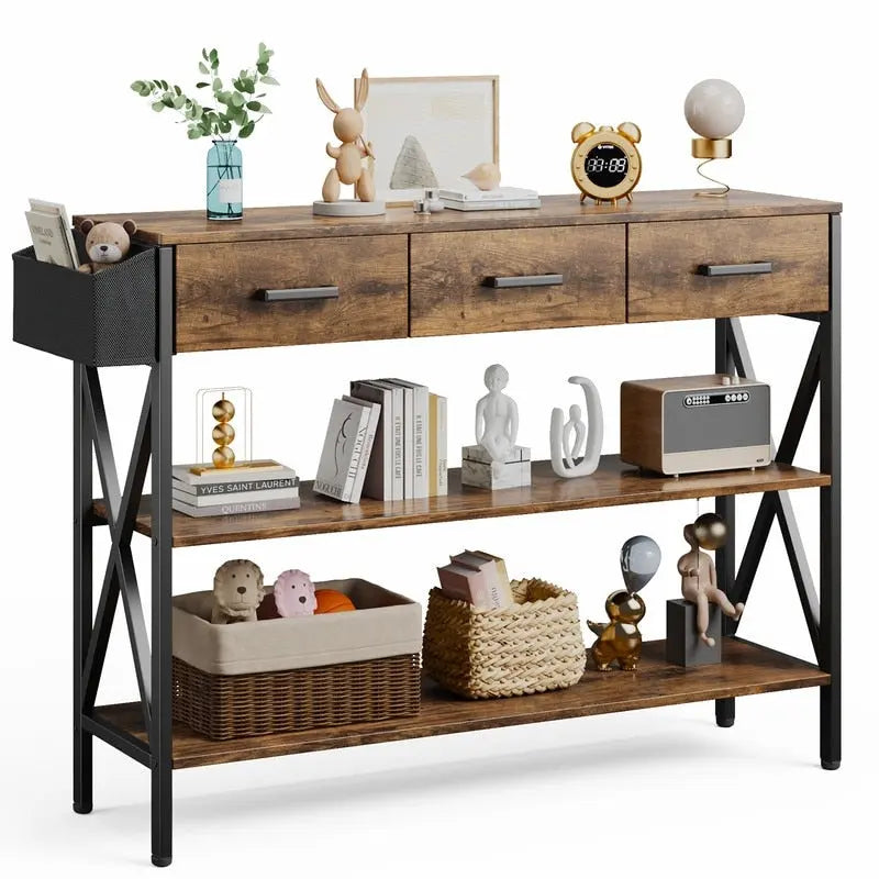 Console avec 3 tiroirs, table de canapé d'entrée avec 3 étagères de rangement
