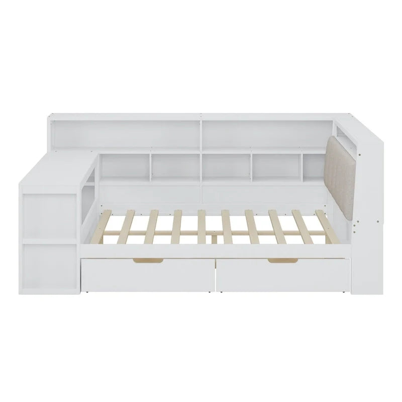 Canapé-lit d'angle en bois en forme de L avec bureau, bibliothèque, lit d'angle avec tiroirs de rangement, tête de lit rembourrée et éclairage intégré