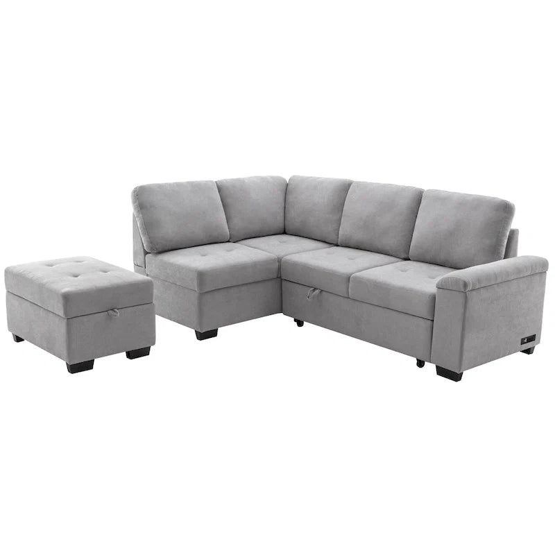 Canapé d'angle convertible 5 places en L 84,75 po avec pouf de rangement, rangement de bras dissimulé et chargement USB pour salon